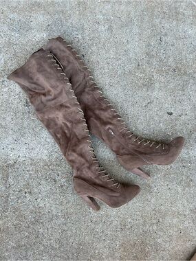 Taupe Faux Suede Full Lace-Up Thigh High Heeled Boots